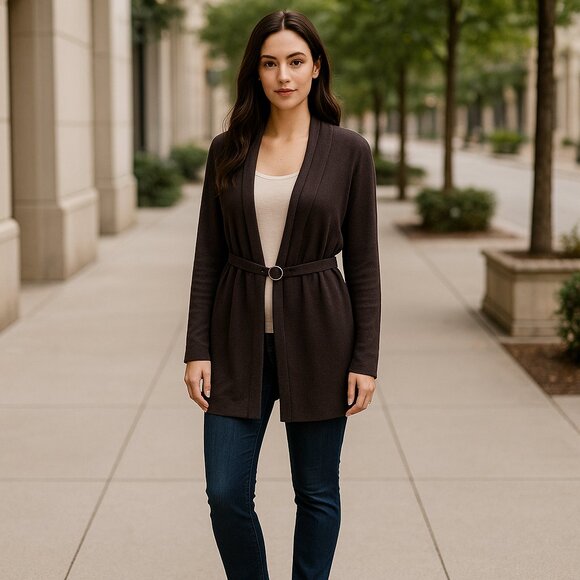 Michael Kors open knit chocolate Trend color cardigan with circle fasten Size L - Picture 2 of 7